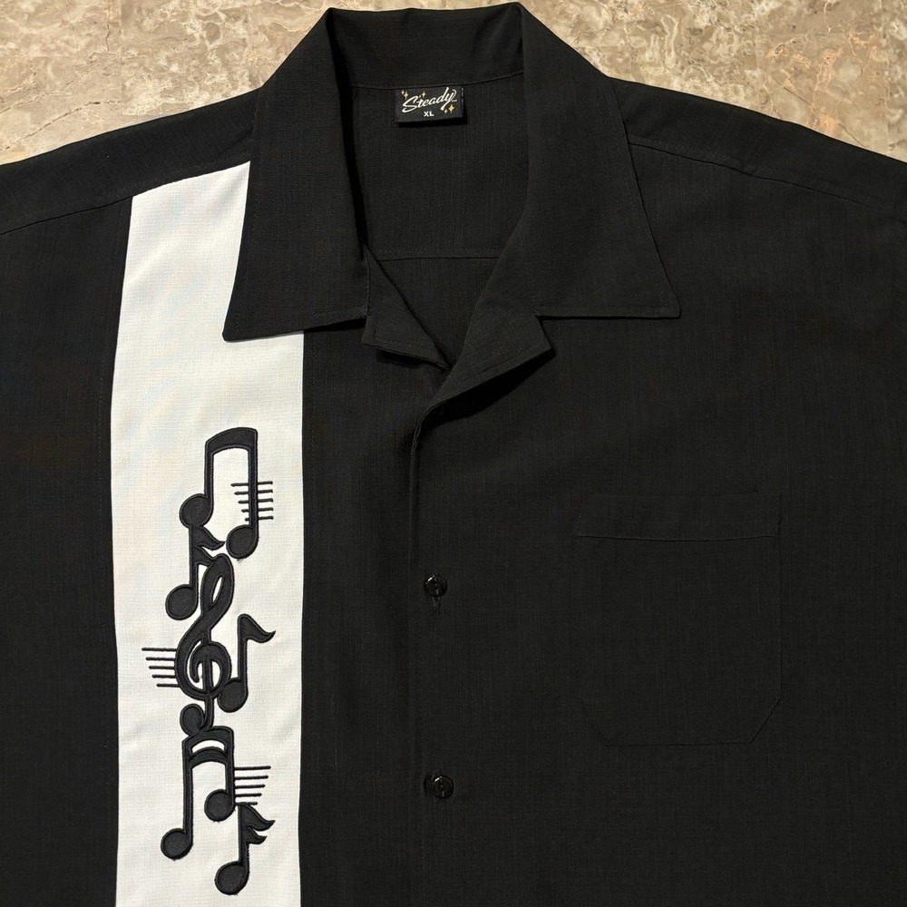 Steady Bowling Shirt Mens XL Black White Music Notes Short Sleeve Retro USA